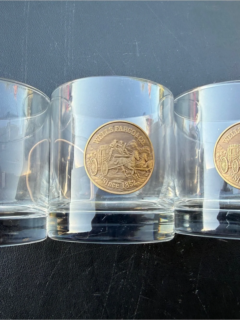3 Wells Fargo Bank Lowball Bar Glass Set Stagecoach Token Coin Western Motif